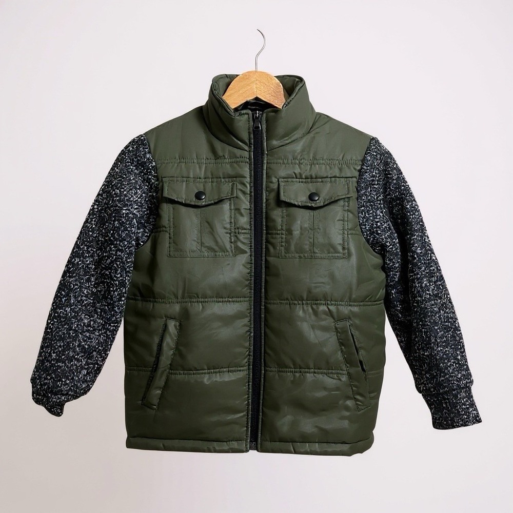 ROK Boys Coat Hooded Zip Puffer Jacket Green Thick Sweater Sleeves Size S (8)